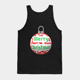 Christmas Tree Ornament with Merry Christmas, Abstract Red and White Peppermint Candy Cane Pattern, and Green Letters Tank Top